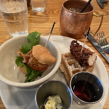 The Rarebit - Foodie tour sampler - mini po boy and a mini chicken and waffle. Also a full sized "rose water mule" (best mules ever) - New American Near Me - Charleston, South Carolina The Rarebit - Foodie tour sampler - mini po boy and a mini chicken and waffle. Also a full sized "rose water mule" (best mules ever) - New American Near Me - Charleston, South Carolina