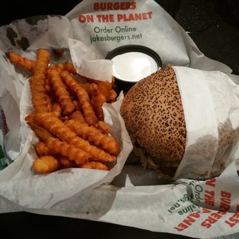 Jakes - Jakes burger with sweet potato fries and marshmallow sauce. - Bars Near Me - Frisco, Texas Jakes - Jakes burger with sweet potato fries and marshmallow sauce. - Bars Near Me - Frisco, Texas