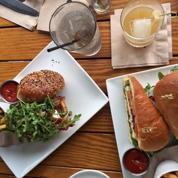 Eureka! - Fresno Fig Burger (left), Napa Chicken Sandwich (right), Penicillin (top right right) - Burgers Near Me - Claremont, California