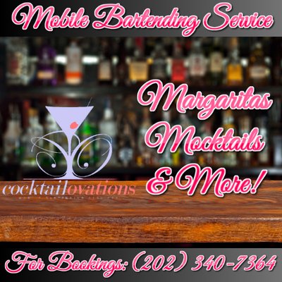 Margaritas, Mocktails, & More! - Professional mobile bartending services wedding receptions, engagement parties, networking events. Mocktails & family friendly drinks avail!