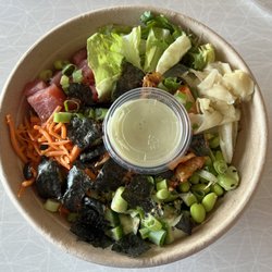 Poke Sushi - Build Your Own Poke Bowl Raw - Ahi Tuna Half White Rice / Half Salad Blend Cucumber Wasabi Dressing