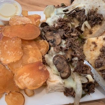 Dad's Pub & Grub - Cheesesteak sub (it's steaming when you first get it) and house-made chips - American Near Me - Pittsburgh, Pennsylvania Dad's Pub & Grub - Cheesesteak sub (it's steaming when you first get it) and house-made chips - American Near Me - Pittsburgh, Pennsylvania