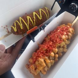 Potato dog w/spicy sausage & classic dog w/mustard