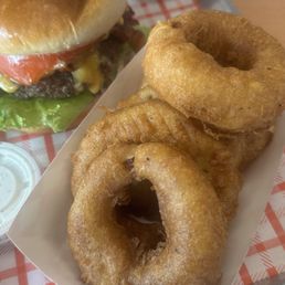 Super thick batter on the onion rings, but they are extremely crispy so it worked well. They're giant. Super thick batter on the onion rings, but they are extremely crispy so it worked well. They're giant.