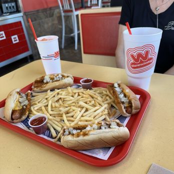 Wienerschnitzel - Two orders of the #1 Combo (4 Chili Cheese Dogs with Onions, 2 medium fries and 2 soft drinks). - Fast Food Near Me - San Marcos, Texas