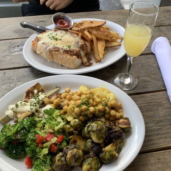 Blue Collar - Veggie Plate: Roasted Artichoke Hearts, Caramelized Brussels Sprouts, Broccoli, and Curried Chickpeas with Potatoes. - Comfort Food Near Me - Miami, Florida Blue Collar - Veggie Plate: Roasted Artichoke Hearts, Caramelized Brussels Sprouts, Broccoli, and Curried Chickpeas with Potatoes. - Comfort Food Near Me - Miami, Florida