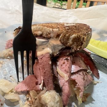 Sisters Sandwiches & Such - Rueben - you can see how thick the sandwich is to the fork and the thick slices of pastrami with marbled bread.  Sooo good! - Sandwiches Near Me - Olney, Maryland