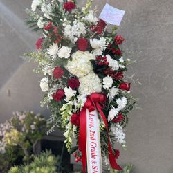 De La Fleur Flowers & Events - Red and white tribute spray with custom ribbon.