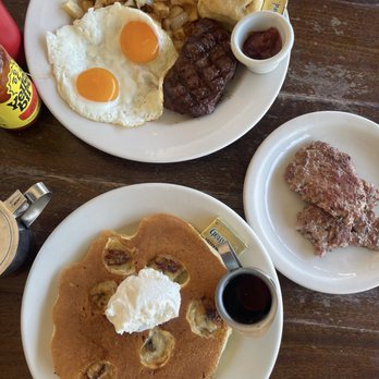 Counter Cafe East - Baby cake foreground and steak and eggs background - Breakfast & Brunch Near Me - Austin, Texas Counter Cafe East - Baby cake foreground and steak and eggs background - Breakfast & Brunch Near Me - Austin, Texas