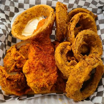 Pyre Nashville Hot Chicken - Three tenders meal with onion rings - Chicken Shop Near Me - Eugene, Oregon
