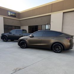 Kingdom Auto Styling - Satin Black Vehicle Wrap and Tesla Gold Shift Matte Vehicle Wrap, Ceramic Window Tint