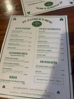 Menu photo 2 The Cottage Irish Pub San Antonio, TX