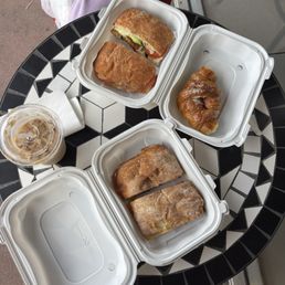Salame panini, breakfast panini, almond cornetto and iced hazelnut latte Salame panini, breakfast panini, almond cornetto and iced hazelnut latte