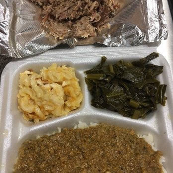True BBQ - To-go small plate: chopped pork, hash and rice, collards, and mac and cheese. - Barbeque Near Me - West Columbia, South Carolina True BBQ - To-go small plate: chopped pork, hash and rice, collards, and mac and cheese. - Barbeque Near Me - West Columbia, South Carolina