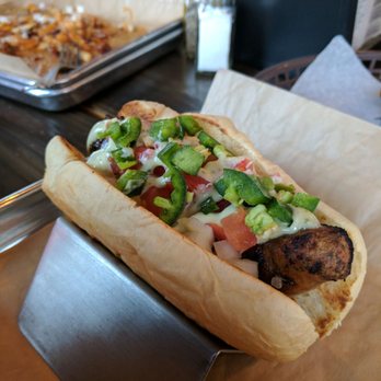 Bangers & Brews - Westside - Wild Wild Boar with chimichurri mayo, jalapeños, onions and tomatoes - German Near Me - Bend, Oregon