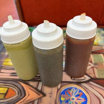 Emiliano’s carnitas - Salsas - from left to right, hot, med, mild. Homemade and DELICIOUS!! - Mexican Near Me - Norristown, Pennsylvania Emiliano’s carnitas - Salsas - from left to right, hot, med, mild. Homemade and DELICIOUS!! - Mexican Near Me - Norristown, Pennsylvania