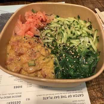 FISH DISTRICT - Poké bowl ($15.50) with salmon, nori, seaweed salad, cucumber, ginger, and sesame seeds - Seafood Near Me - San Diego, California FISH DISTRICT - Poké bowl ($15.50) with salmon, nori, seaweed salad, cucumber, ginger, and sesame seeds - Seafood Near Me - San Diego, California