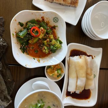 Tim Ho Wan - A1. Cucumber in Spicy Sauce C1. Congee with Pork and Preserved Egg Steamed Rice Roll with Shrimp - Dim Sum Near Me - Katy, Texas
