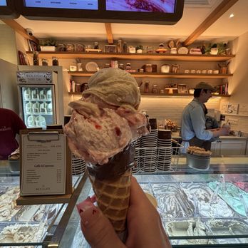 Bacio di Latte - Half and half scoop (Super latte and pretzel flavor gelato) with Nutella cone. - Gelato Near Me - Pasadena, California