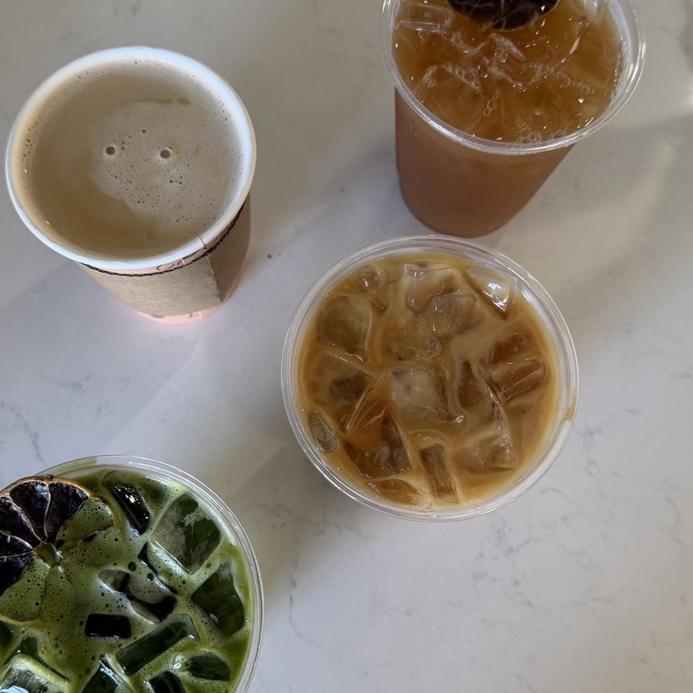 Cali Tea - The drinks we ordered. Matcha. Vanilla latte with oat milk. Iced tea with peach and mango infused. And traditional kava - Coffee & Tea Near Me - Long Beach, California