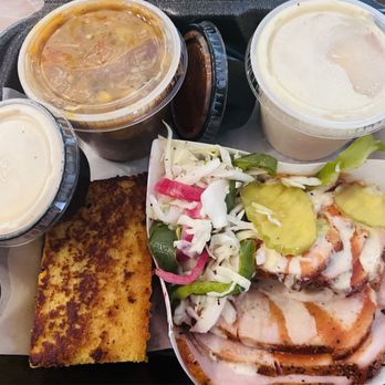Moe's Original BBQ - Smoked Turkey Platter, cornbread, slaw, Brunswick stew and banana pudding. - Barbeque Near Me - Peachtree Corners, Georgia