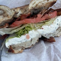 Bagel Bistro - BLT with Bermuda Onion and Chive cream cheese on a rye bagel
