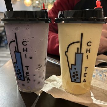 Chi Tea - Taro with Lychee popping bubbles (purple drink) & Horchata Pineapple with coconut jelly at the bottom (yellow drink). Both were amazing - Burgers Near Me - Schaumburg, Illinois