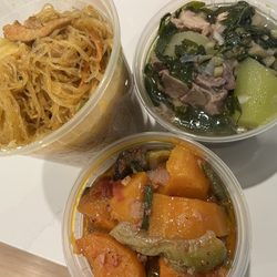 Manila Grocery - Pancit with chicken, chicken squash fiber soup, and vegetable medley of bitter melon, eggplant, yam, okra, green beans.