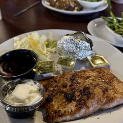 The Mason Jar - Salmon with sauce on the side grilled green beans and a petite potato