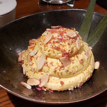 Indian Accent - makhan malai, saffron milk, rose petal jaggery brittle, almonds - Indian Near Me - New York, New York
