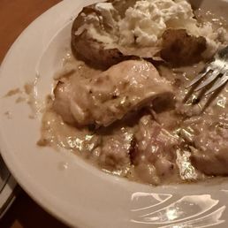 Chicken Cordon Bleu loads of gravy with baked potato, salad and warm bread & eight dollar glass of Merlot Chicken Cordon Bleu loads of gravy with baked potato, salad and warm bread & eight dollar glass of Merlot