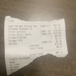 Receipt with prices. We only had 1 "double" ciroc.