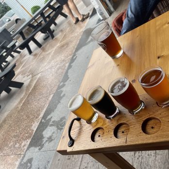 Karst Brewing - Left to right: Sugar Creek saison Edge of the Earth oatmeal stout  Hibiscus Tea oat beer Splunkin Pumpkin sour - Breweries Near Me - Fountain, Minnesota