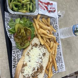 Philly chicken sandwich, fries, extra side of broccoli