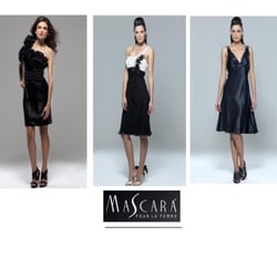 Chardonnay Boutique - Mascara Collections: left to right - Single Floral Shoulder Dress £130, Two Tone Ivory/Black Applique Dress £180, Navy Evening