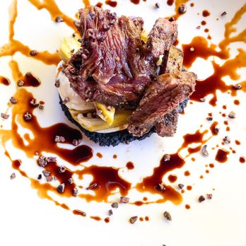 Canoe - Pepper corn crusted Kangaroo, smoked custard, chocolate cookie, okra, with a coffee drizzle - New American Near Me - Atlanta, Georgia