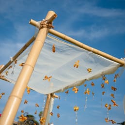 Bamboo arch with hanging orchids and crystals