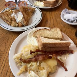 Family and Friends Country Restaurant - French toast Two eggs platter with bacon and sausage patty