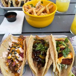 Tacos (left to right): ODB, pulled duck, coconut shrimp Tacos (left to right): ODB, pulled duck, coconut shrimp