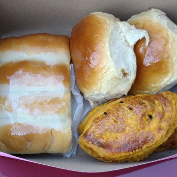 Chinese Canton Bakery - Clockwise from left... Coconut Bread, Baked Pork Buns, Curried Beef Pies - Bakeries Near Me - National City, California