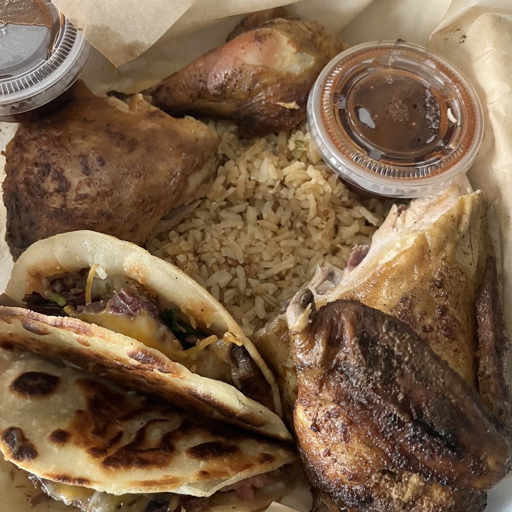 Ain’t She Grand BBQ - One-half smoked chicken, Spanish rice, brisket taquitos. - Desserts Near Me - Donna, Texas