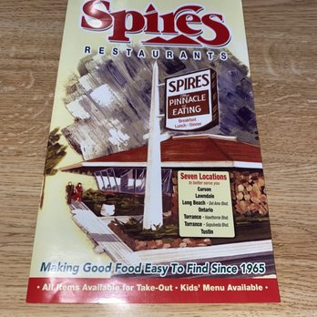 Spires Restaurant - Front of menu. - Breakfast & Brunch Near Me - Carson, California Spires Restaurant - Front of menu. - Breakfast & Brunch Near Me - Carson, California