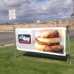McDonald's - The banner in front of McDonald's announcing their "breakfast all day" campaign.