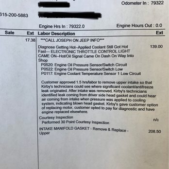 Kirby's Garage - This is their "professional" diagnostic they ran. I had to ask for a reprint with the synopsis, they did not initially include it. $400 - Auto Repair Near Me - Franklin, Tennessee Kirby's Garage - This is their "professional" diagnostic they ran. I had to ask for a reprint with the synopsis, they did not initially include it. $400 - Auto Repair Near Me - Franklin, Tennessee