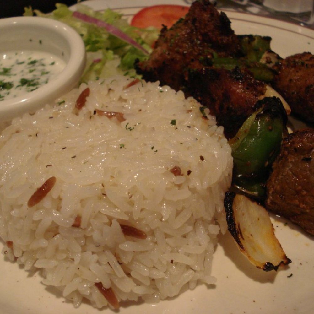 Oliva - Beef shish kebab with delicious sticky rice! - Mediterranean Near Me - Madison, Wisconsin