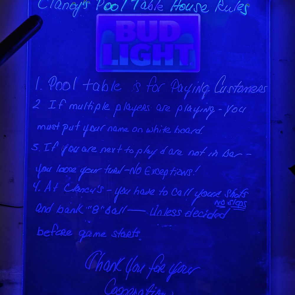 Clancy's - House rules for billiards - Pool Halls Near Me - El Sobrante, California