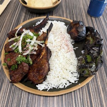 Tonir Cafe - #32 New Zealand lab chops and prime beef kabob combo plate with rice and grilled tomato and pepper. - Mediterranean Near Me - Burbank, California Tonir Cafe - #32 New Zealand lab chops and prime beef kabob combo plate with rice and grilled tomato and pepper. - Mediterranean Near Me - Burbank, California