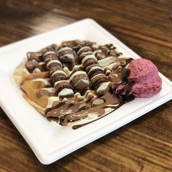 Busy Boy Cafe' - Waffle with chocolates and forest berry ice cream - Creperies Near Me - Houston, Texas
