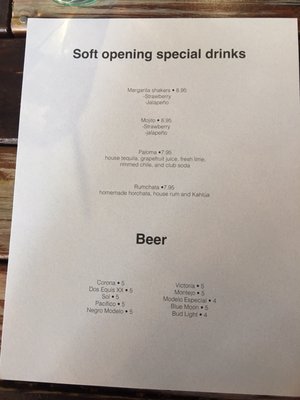 Photo of Taqueria Cantina - Seattle, WA, US. Drink menu on soft open