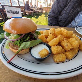 Maverick Jack's Burlingame - Blue Ribbon Burger with Impossible Patty and Tater Tots with side of ranch - New American Near Me - Burlingame, California Maverick Jack's Burlingame - Blue Ribbon Burger with Impossible Patty and Tater Tots with side of ranch - New American Near Me - Burlingame, California